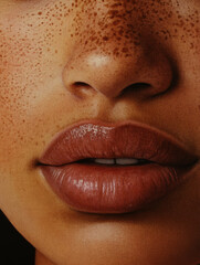 Obraz premium close up of person lips and nose, showcasing natural freckles and smooth skin texture. image highlights glossy lips and detailed skin features, emphasizing natural beauty