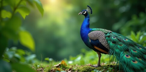 Fototapeta premium Peacock showing feathers, lush foliage backdrop, garden, spring, feathers