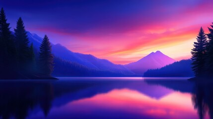 Fototapeta premium A breathtaking twilight scene featuring vibrant hues of purple and pink reflecting off a serene lake, surrounded by majestic mountains and lush evergreen trees, capturing nature's