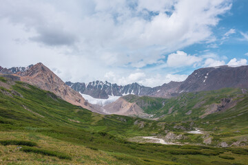 Beautiful landscape with mountain river among rocks and hills in green alpine valley. Lush flora and dense thicket with view to big glacier and large snow mountain range far away under gray cloudy sky