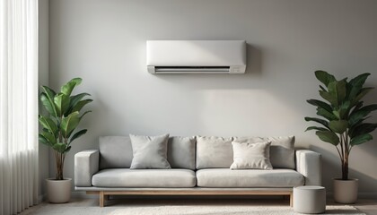 Energy efficient air conditioner on wall in living room. Minimalist interior with sofa, pillows, houseplant. Modern apartment design with heating, ventilation, AC system. Comfortable contemporary