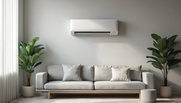 Energy efficient air conditioner on wall in living room. Minimalist interior with sofa, pillows, houseplant. Modern apartment design with heating, ventilation, AC system. Comfortable contemporary