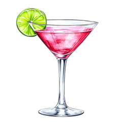 a cosmopolitan cocktail clipart, iconic drink element, pink hue with lime wedge, isolated on white background