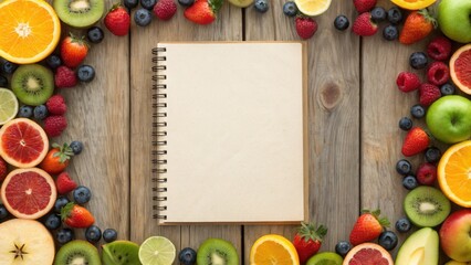Frame of fresh fruits on a wooden table with empty cookbook, Flat lay fruits border frame with blank recipe book. Concept for Healthy vegan food recipe or menu