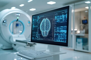 Modern Medical Imaging Room with MRI Machine and Brain Scan Display