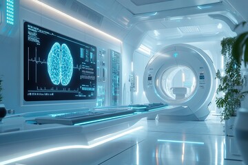 Modern Medical Imaging Room with MRI Machine and Brain Scan Display