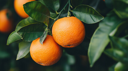 A close-up of an orange tree with green leaves
