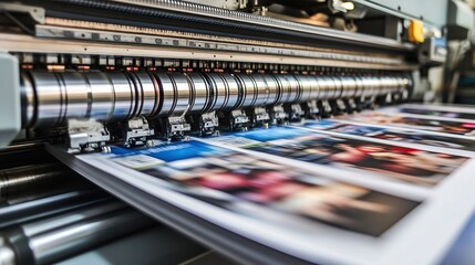 High-Speed Printing Press in Action with Colorful Sheets and Cylindrical Rollers