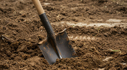 Shovel digging into soil in garden