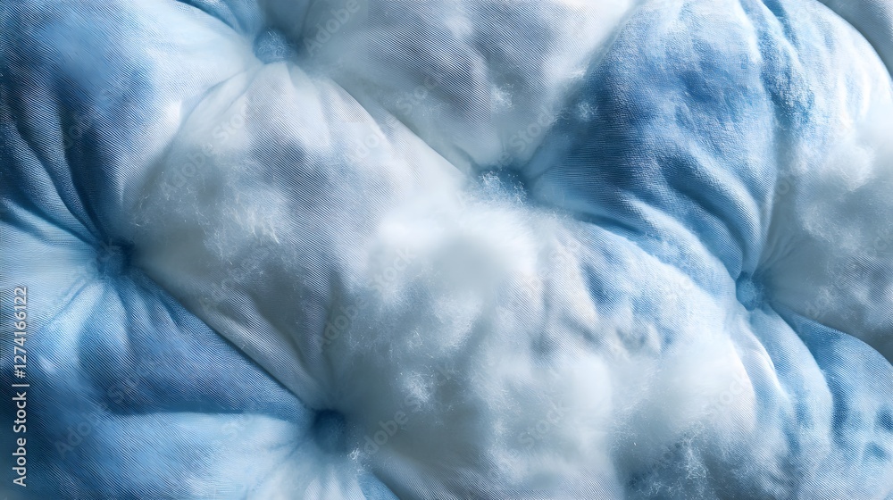 Poster a detailed close-up shot showcasing the soft texture of a light blue and white tufted cushion. the i