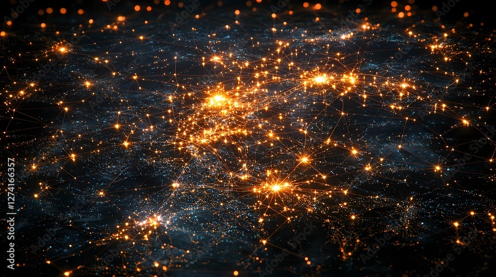 Poster glowing abstract network map with bright nodes representing global connectivity and credit card tran