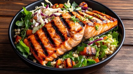 A beautifully grilled salmon fillet is elegantly plated over a bed of mixed greens and grains, offering a visually appealing and nourishing meal option for health enthusiasts.