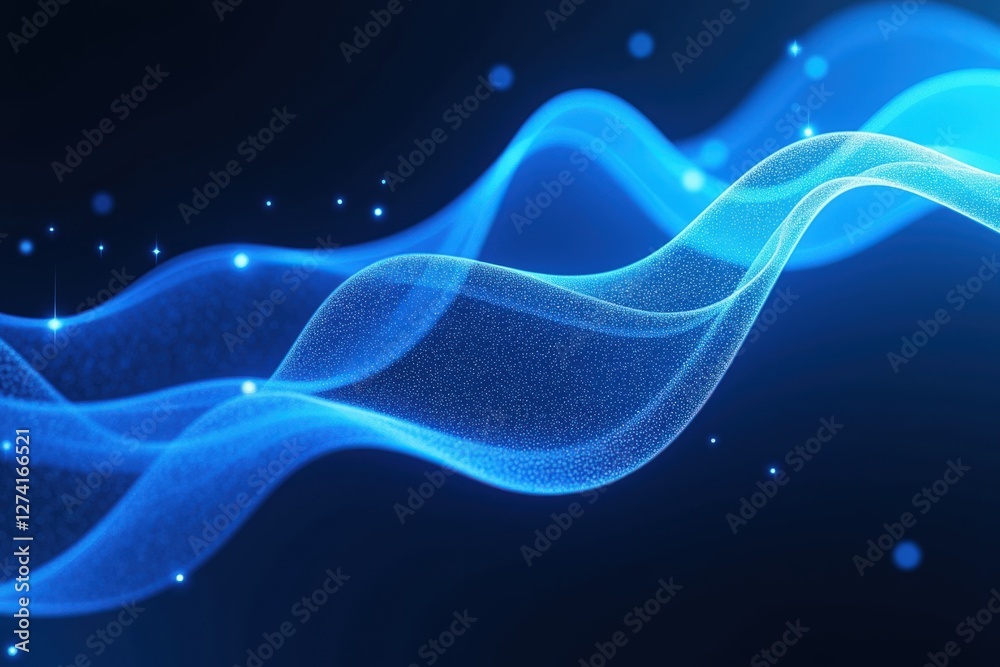 Poster a captivating display of cosmic blue waves flowing through the dark void, highlighting elegant curve