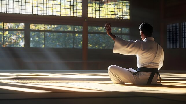 A martial artist in a traditional dojo practices meditation, surrounded by serene natural light