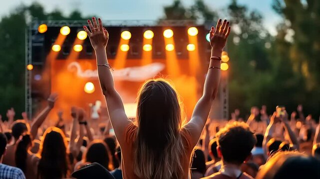 A crowd enjoying a live music performance at sunset, with hands raised in excitement.