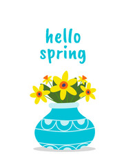 Vector illustration Hello Spring with a spring floral blue vase. Scrapbooking, greeting card, poster, tag EPS10