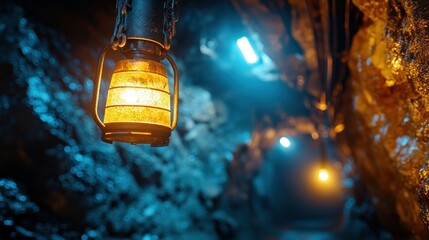 Vintage Lantern Illuminating Dark Tunnel in Abandoned Mine with Blue and Orange Lighting