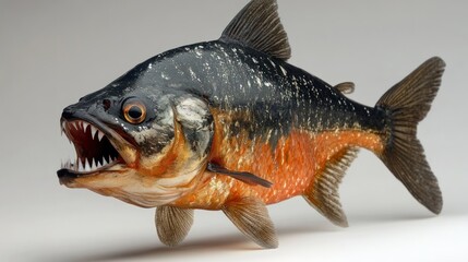 Obraz premium A realistic piranha fish showing its sharp teeth, minimal white backdrop