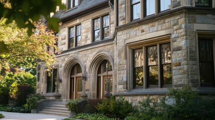 Fototapeta premium Historic stone building with large arched windows and lush greenery