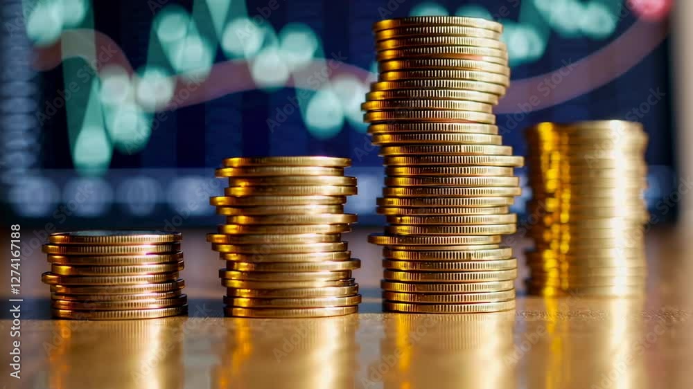 Poster stacks of golden coins symbolize increasing profits, wealth, and success against a backdrop of a sto