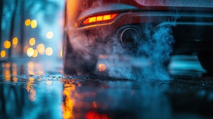 Fototapeta premium Close-Up of Car Exhaust Emitting Steam on Rainy Night with Colorful Bokeh Background