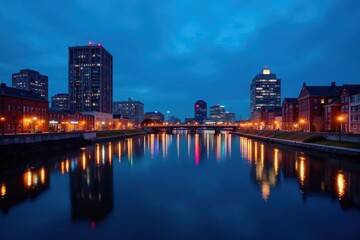 Obraz premium Blue hour casts glow on Evansville's riverside buildings reflecting in the water , scene, mood, twilight