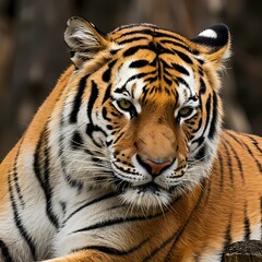 Fototapeta premium Majestic Tiger in the Wild: Close-Up Portrait of a Fierce Predator in Natural Habitat, Perfect for Wildlife and Nature Themes