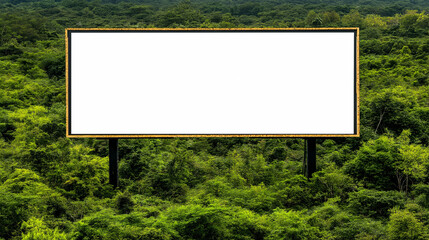 Billboard in Nature: A blank billboard stands amidst a dense forest, framed by lush greenery, offering an unobstructed view.