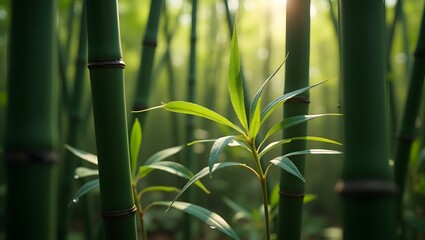 Obraz premium Serene Bamboo Forest with Dew-Kissed Leaves