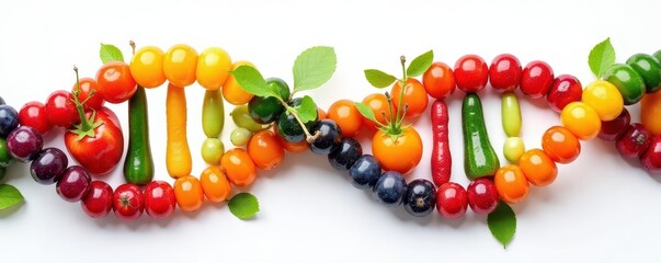 Colorful fruit & veggie helix, showcasing nutritional elements & chromosome-like form, fruit, genome
