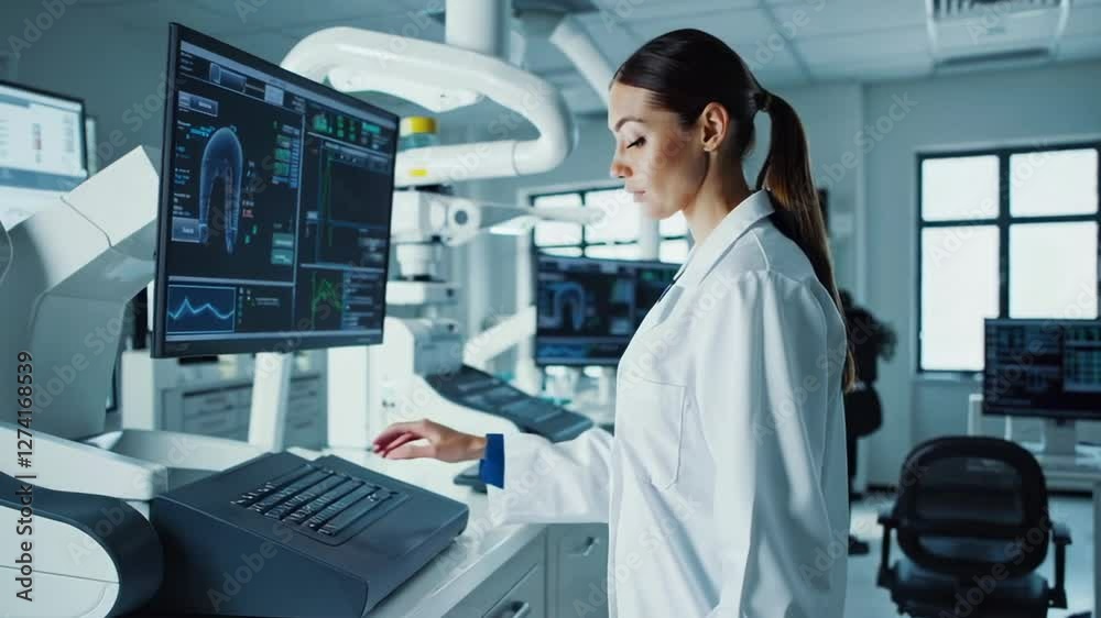 Poster Female medical scientist working intently on state of the art computer, analyzing research data in modern laboratory environment with precise, focused movements