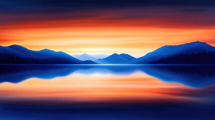 Fototapeta premium A stunning sunset illuminating a tranquil lake surrounded by majestic mountains. The vibrant colors reflect on the water, creating a serene and picturesque view of nature's beauty.