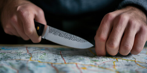 Close-up of Hands Holding Knife on Map