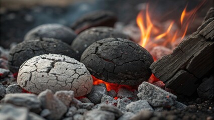 Dramatic photograph of burning charcoal, highlighting the contrast between the black coal and the bright orange flames.  Use for themes of fire, heat, power, and cooking