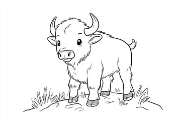 Baby bison with little horns, standing on a grassy hill.