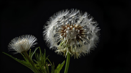White dandelion isolated on black background Close-up of white spores of dandelion flower against black background in spring, South Korea,