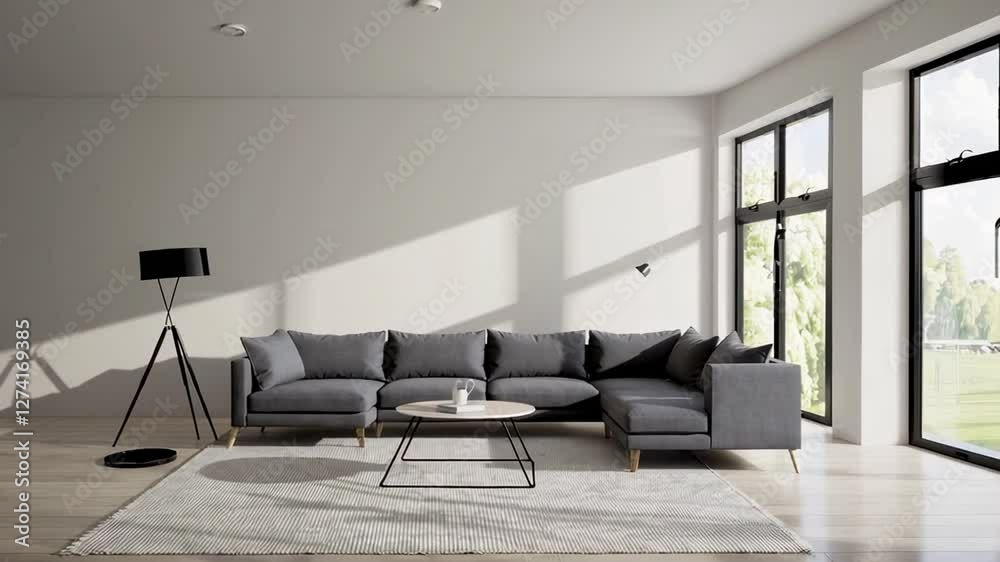 Poster Sunlight illuminates a modern living room with a gray sectional sofa and a stylish floor lamp, creating a cozy and inviting atmosphere in this slow motion video