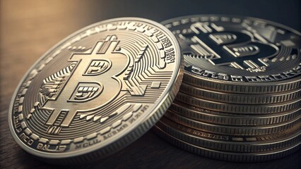 Macro image of a Bitcoin coin showcasing its intricate design and metallic sheen, placed among other coins. Represents digital wealth, investment and the cryptocurrency trend