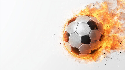 Naklejka premium Blazing Goal: A soccer ball bursts into flames, symbolizing the fiery passion and dynamic action of the game, set against a simple backdrop, perfect for sports themes.