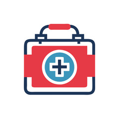 Obraz premium First aid kit icon in modern style with red and blue colors, emergency medical kit, copy space