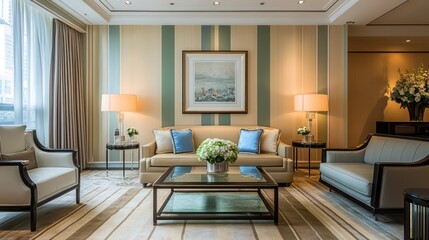 Fototapeta premium Luxurious Hotel Suite Living Room; Elegant Interior Design; Comfortable Seating; Modern Style; Perfect for Brochure
