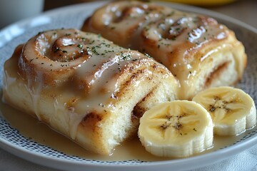 Delicious cinnamon rolls with icing and banana slices perfect for breakfast or dessert A sweet treat with a hint of fruit