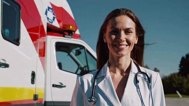 Professional paramedic standing confidently near emergency vehicle, wearing white uniform and stethoscope, smiling with positive expression against sunny outdoor background
