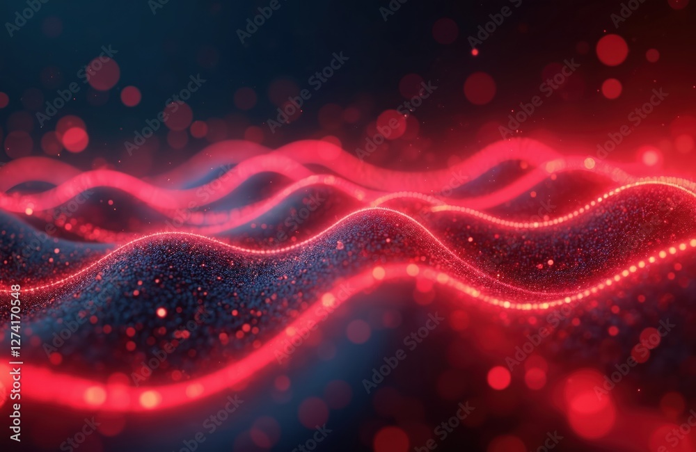 Poster Abstract futuristic background with red glowing neon wave lines, bokeh lights. Data transfer concept. Fantastic AI wallpaper design in vibrant colorful style. Modern cyber space science fiction