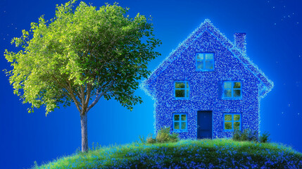 Dreamy Home and Tree: A whimsical, glowing blue house sits serenely next to a vibrant green tree, atop a grassy knoll under a starlit sky, creating a magical and inviting scene. 