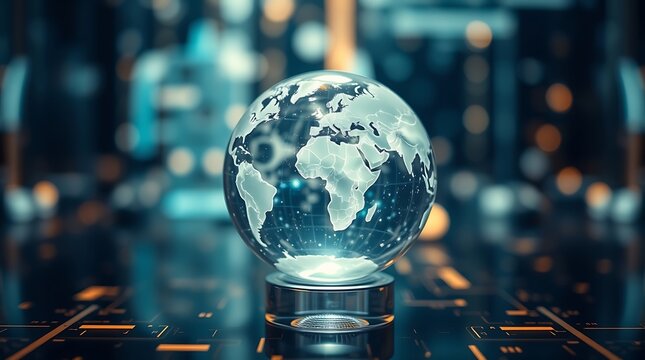 Elegant Crystal Glass World Map Globe on a Blurred Green Forest Background Symbolizing Nature and Global Connectivity
