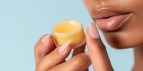 Woman Applying Lip Balm from Small Container