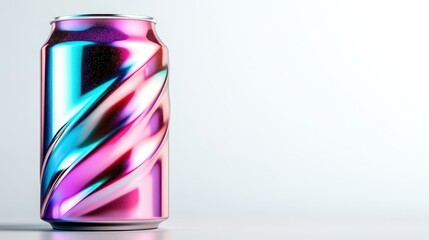 A captivating image of a shiny beverage can with vivid pink and blue hues, illustrating an abstract design that evokes a sense of modernity and creativity.