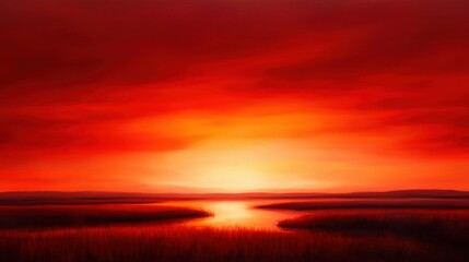 Obraz premium A mesmerizing sunset over a serene water landscape, with rich red and orange hues reflecting off the calm surface. Ideal for evoking feelings of tranquility and natural beauty.