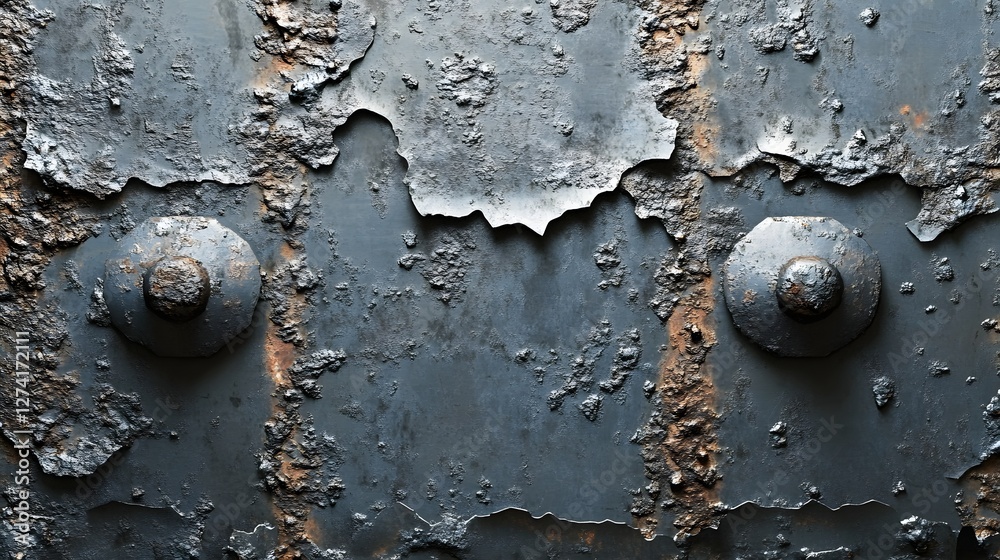 Poster close-up shot of a rusty metal surface with bolts. the texture is weathered and shows signs of corro